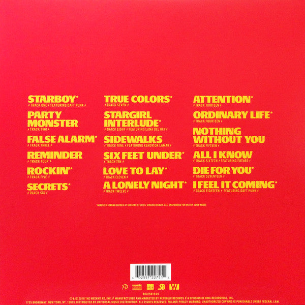 The Weeknd - Starboy - Mint- 2 LP Record 2017 Republic XO Red Translucent Vinyl - R&B / Neo Soul / Hip Hop - Shuga Records