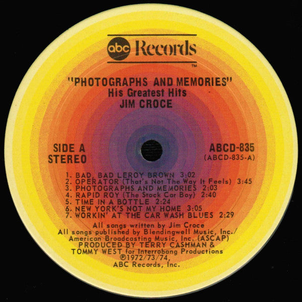Jim Croce - Photographs & Memories His Greatest Hits - VG+ LP Record 1974 ABC USA Original Vinyl - Pop Rock / Soft Rock - Shuga Records
