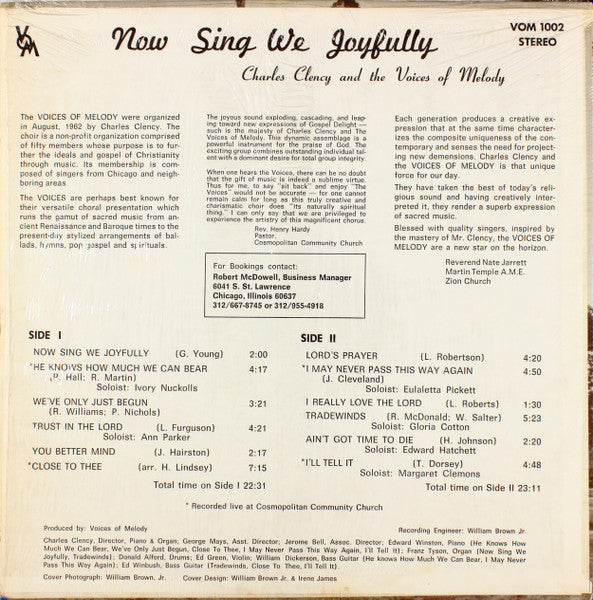 Charles Clency And The Voices Of Melody - Now Sing We Joyfully - VG LP Record 1960s Voices Of Melody USA Vinyl - Chicago Gospel - Shuga Records