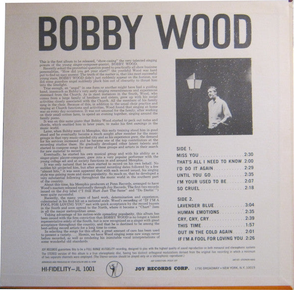 Bobby Wood - Bobby Wood - VG LP Record 1964 Joy USA Stereo Vinyl - Country / Rockabilly - Shuga Records