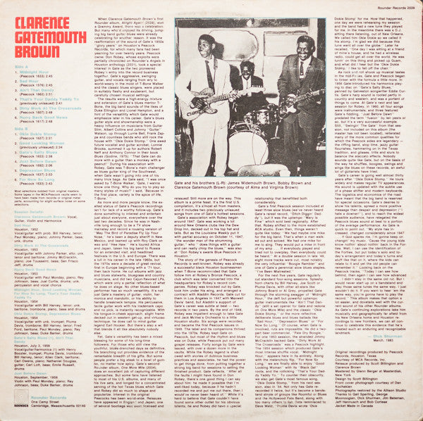Clarence Gatemouth Brown - The Original Peacock Recordings - Mint- LP Record 1983 Rounder USA Vinyl - Electric Blues / Blues Rock - Shuga Records
