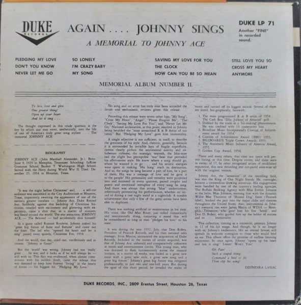 Johnny Ace - Memorial Album For Johnny Ace (1955) - VG LP Record 1956 Duke USA Vinyl - Rhythm & Blues - Shuga Records