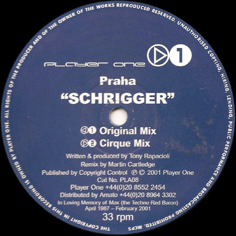 Praha - Schrigger - New 12" Single Record 2001 Player One UK Vinyl - Progressive House / Progressive Trance