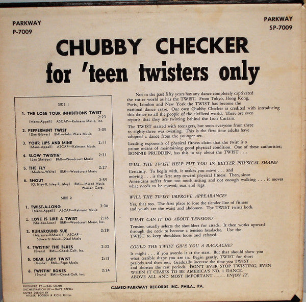 Chubby Checker - For 'Teen Twisters Only - VG+ LP Record 1961 Parkway Stereo USA Original Vinyl - Rock & Roll / Twist - Shuga Records