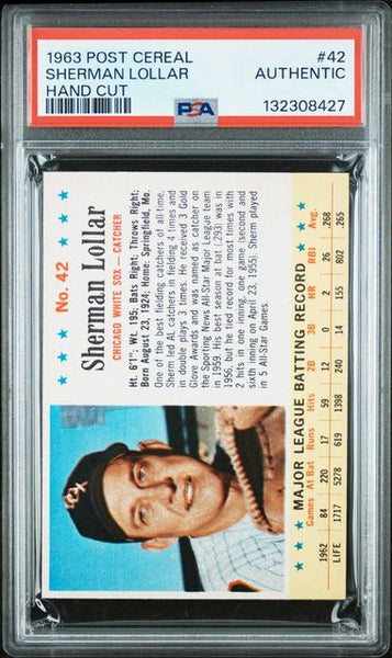 1963 POST CEREAL #42 SHERMAN LOLLAR HAND CUT - Chicago Baseball PSA AUTHENTIC
