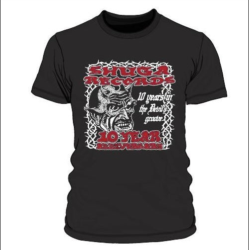 Shuga Records Chicago 10 Year Anniversary Tee T-Shirt (Hand Screen Printed) Black Gildan - Shuga Records