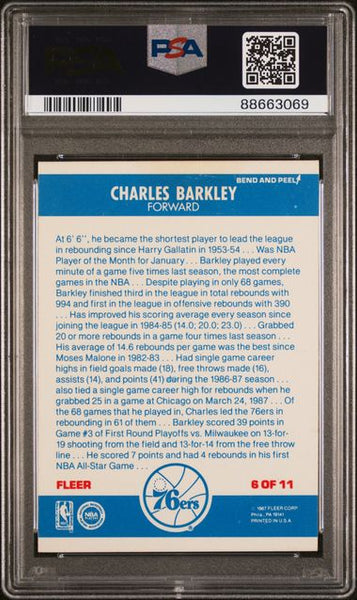 CHARLES BARKLEY 1987 Fleer STICKER Sixers Card #6 HOF PSA 7