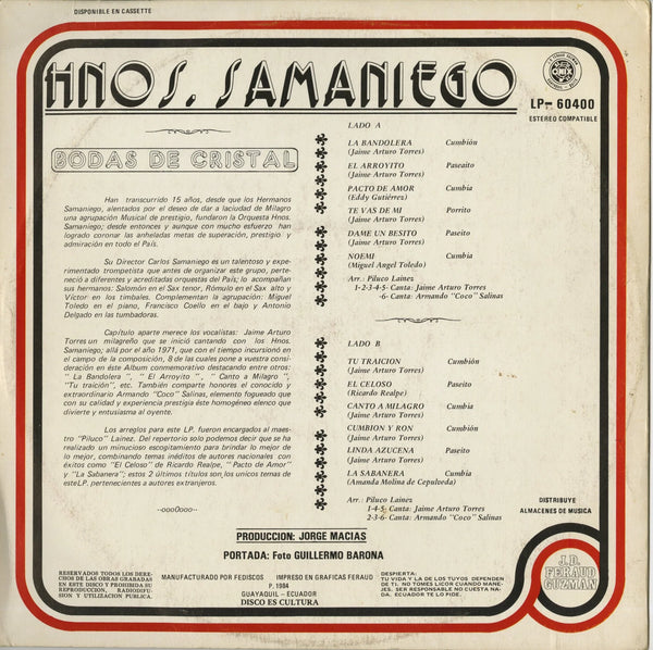 Orquesta Hnos Samaniego - Bodas De Cristal - VG+ LP Record 1984 Onix Ecuador Vinyl - Latin / Cumbia / Merengue / Porro - Shuga Records