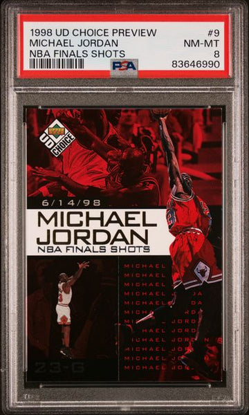 Michael Jordan 1998 Upper Deck CHOICE PREVIEW NBA FINALS SHOT Card #9 Chicago Bulls HOF PSA 8