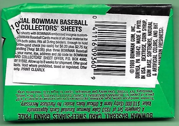(1) One Pack - New Sealed Bowman 19989 MLB Baseball Trading Card Pack - 12 Cards - Shuga Records