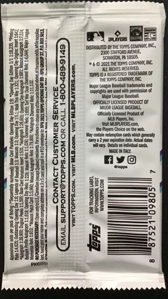 (1) One Pack - New Sealed 2021 TOPPS Opening Day MLB Baseball Trading Card Pack - 7 Cards - Shuga Records