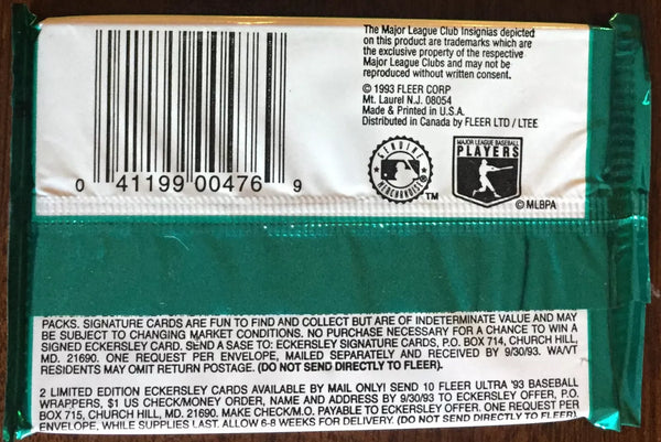(1) One Pack - New Sealed 1993 FLEER ULTRA Series 1 MLB Baseball Trading Card Pack - 14 Cards - Shuga Records
