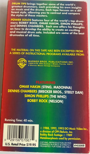 OMAR HAKIM / DENNIS CHAMBERS / SIMON PHILLIPS / BOBBY ROCK - DRUM TIPS POWER SOLOS: MUSIC INSTRUCTION AND PERFORMANCE- Mint- VHS Tape 1993 Warner USA - - Shuga Records