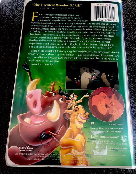 Walt Disney - The Lion King - VG+ VHS Tape 1995 USA Disney Masterpiece Home Video - Shuga Records