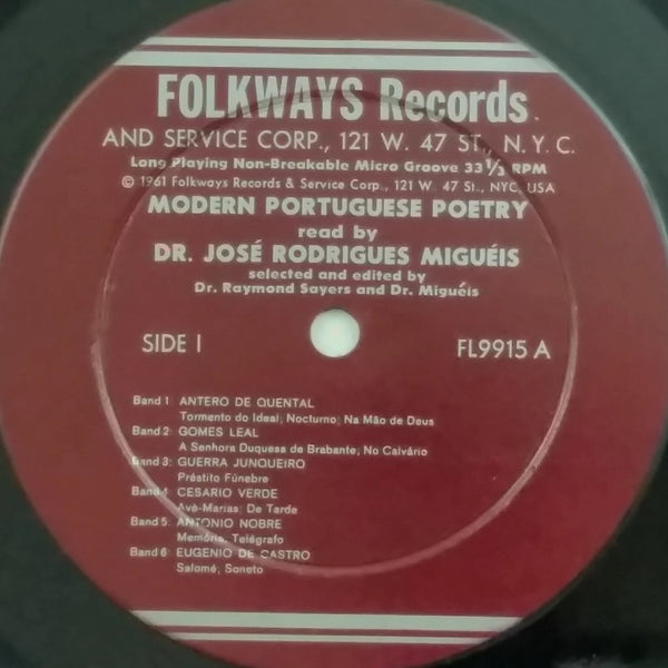 Dr. Jose Rodrigues Migueis - Read By: Modern Portuguese Poetry - VG+ LP Record 1961 Folkways USA Vinyl & Booklet - Spoken Work / Poems - Shuga Records