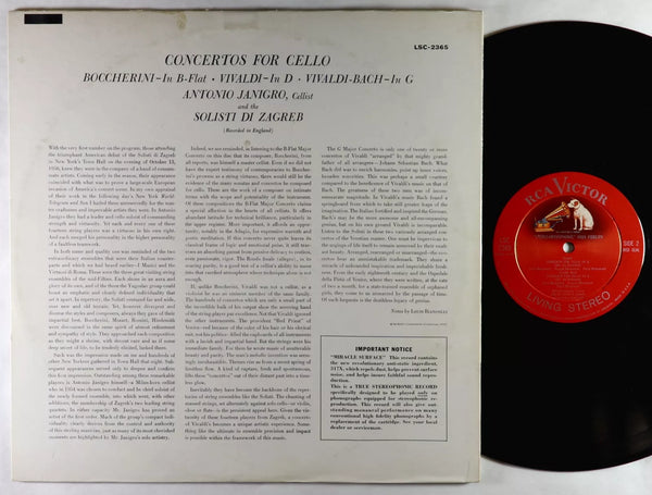 Antonio Janigro - Boccherini/Vivaldi/Vivaldi - Concertos For Cello - Mint- LP Record 1960 RCA Living Stereo USA Shaded Dog 1s/1s Vinyl - Classical - Shuga Records