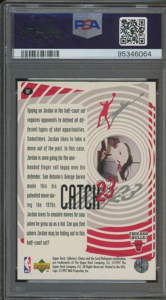 Michael Jordan - 1997-1998 Upper Deck NBA Collector's Choice Catch 23 Finger Roll Card #187 Chicago Bulls - PSA 7 NM - Shuga Records