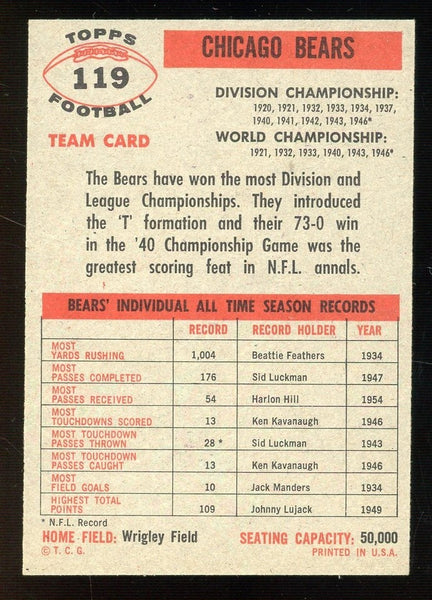 1956 Chicago BEARS TEAM CARD Topps FOOTBALL CARD #119 EX MINT/NM - Shuga Records