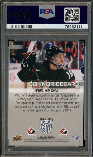 Connor Bedard - 2023 Upper Deck Game Dated Moments Card #1 Chicago Blackhawks - PSA 9 MINT - Shuga Records