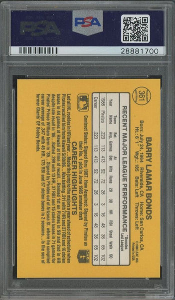 Pittsburgh Pirates Barry Bonds RC Rookie Card #361 Donruss 1987 Baseball MLB - PSA 8 NM-MT - Shuga Records