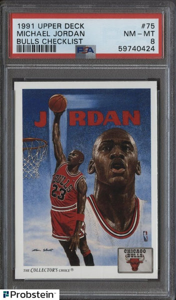 Michael Jordan - 1991 Upper Deck Card #75 Chicago Bulls Checklist PSA 8 NM-MT - Shuga Records