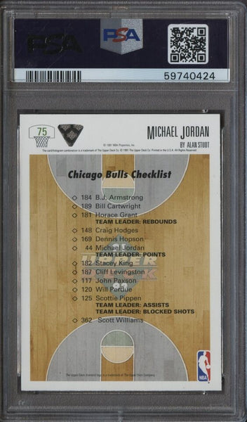 Michael Jordan - 1991 Upper Deck Card #75 Chicago Bulls Checklist PSA 8 NM-MT - Shuga Records