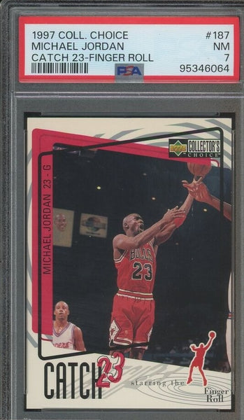 Michael Jordan - 1997-1998 Upper Deck NBA Collector's Choice Catch 23 Finger Roll Card #187 Chicago Bulls - PSA 7 NM - Shuga Records