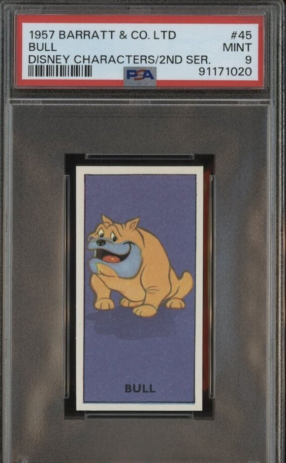 BULL - Lady And The Tramp - 1957 Walt Disney Barratt & CO. Ltd Tobacco Card - Card #45 - Mickey's Sweet Cigarettes - PSA 9 MINT - Shuga Records
