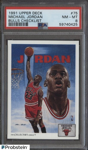 Michael Jordan - 1991 Upper Deck Card #75 Chicago Bulls Checklist PSA 8 NM-MT - Shuga Records