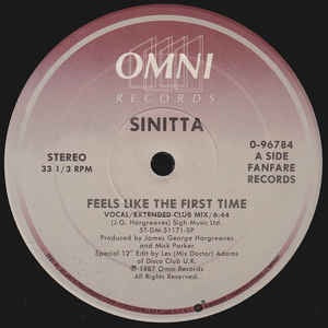 Sinitta ‎– Feels Like The First Time - Mint- Single Record - 1987 USA Omni Vinyl - Synth-pop