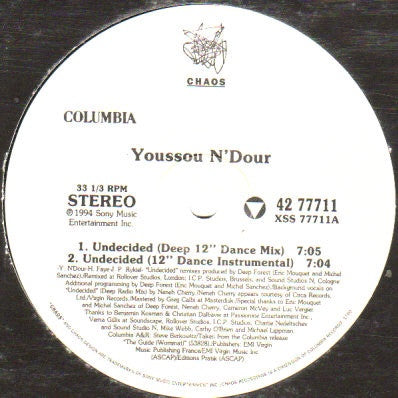 Youssou N'Dour ‎– Undecided - VG+ 12" Single 1994 Chaos Recordings USA - Prog House