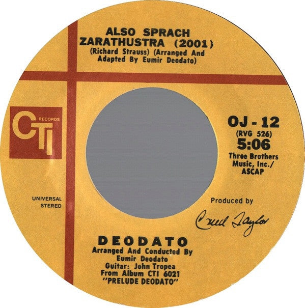 Deodato ‎- Also Sprach Zarathustra (2001) / Spirit Of Summer - VG+ 7" Single 45 RPM 1973 USA - Jazz-Funk