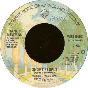 Randy Newman- Short People / Old Man On The Farm- VG+ 7" Single 45RPM- 1977 Warner Bros. USA- Rock/Pop - Shuga Records