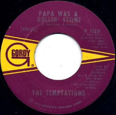 The Temptations ‎– Papa Was A Rollin' Stone - VG-  7" Single 45rpm 10972 Gordy US - Soul
