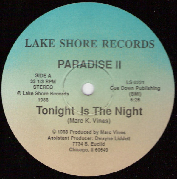 Paradise II ‎- Tonight Is The Night - VG 12" Single 1988 USA - Chicago House
