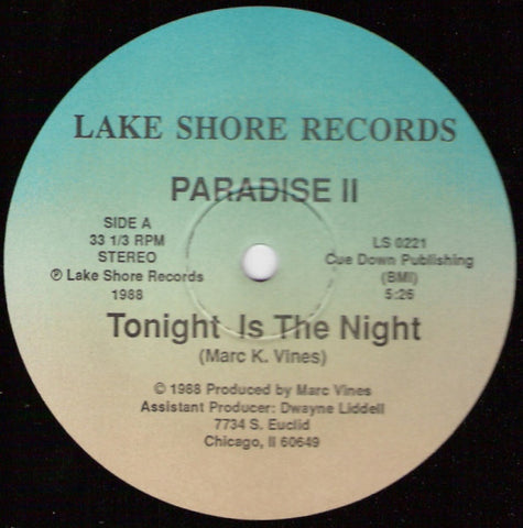 Paradise II ‎- Tonight Is The Night - VG 12" Single 1988 USA - Chicago House