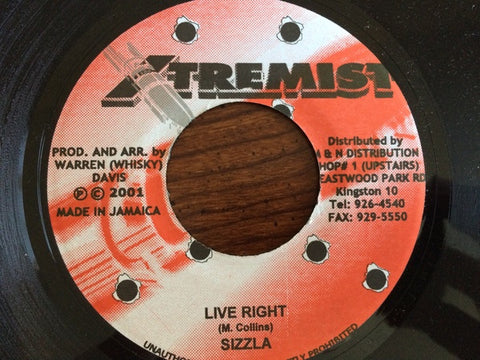 Sizzla ‎– Live Right / Weed Seed Instrumental - VG+ 7" Single 45rpm 2001 Xtremist Jamaica - Reggae