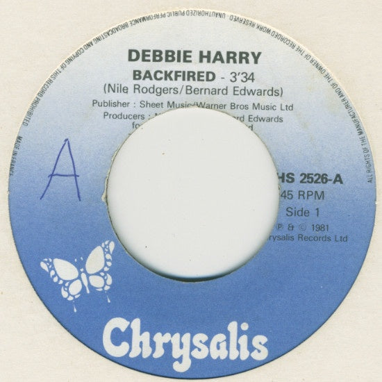 Debbie Harry ‎– Backfired / Military Rap - VG+ 45rpm 1981 USA - Electronic / Pop - Shuga Records