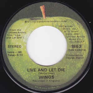 Wings- Live And Let Die / I Lie Around- VG+ 7" Single 45RPM- 1973 Apple Records USA- Rock/Stage & Screen