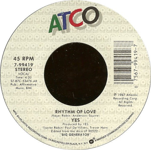 Yes - Rhythm Of Love / City Of Love - VG+ 7" Single 45RPM 1987 ATCO Records USA - Rock / Prog Rock
