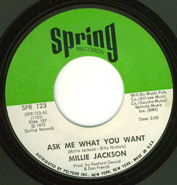 Millie Jackson - Ask Me What You Want / I Just Can't Stand It - VG 7" Single 45RPM 1972 Spring USA - Soul - Shuga Records