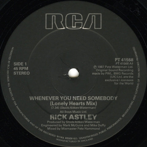 Rick Astley ‎– Whenever You Need Somebody - VG+ 12" Single 1987 RCA UK - Synth-Pop