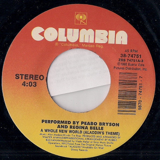 Peabo Bryson &   Regina Belle  ‎-  A Whole New World (Aladdin's Theme) - VG+ 7" Single 45 RPM 1992 USA - Soul / Pop