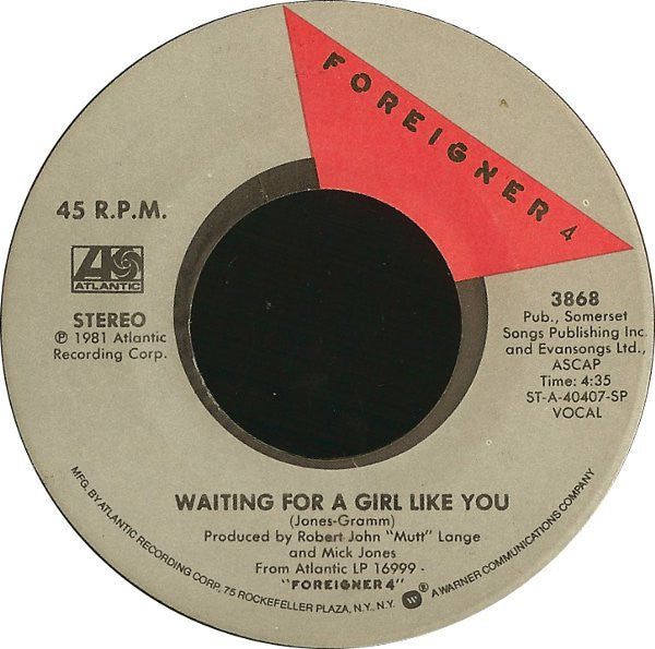 Foreigner- Waiting For A Girl Like You / I'm Gonna Win- VG+ 7" Single 45RPM- 1981 Atlantic USA- Rock
