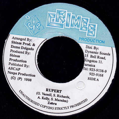 Zebra ‎– Rupert - VG 45rpm 1998 Crimes Production Jamaica - Reggae / Dancehall