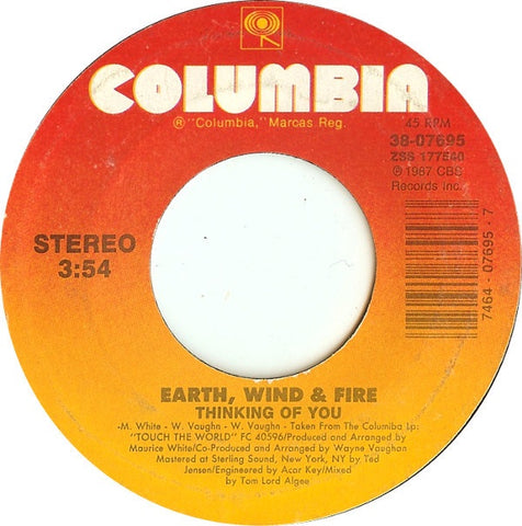 Earth, Wind & Fire- Thinking Of You / Money Tight- VG+ 7" Single 45RPM- 1987 Columbia USA- Funk/Soul