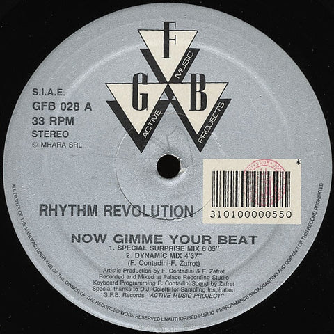 Rhythm Revolution ‎– Now Gimme Your Beat - Mint- 12" Single Record 1991 Italy Import Vinyl - Italo Disco / Techno