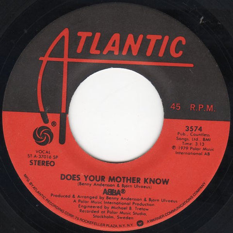 ABBA ‎– Does Your Mother Know / Kisses Of Fire - VG+ 7" Single 45 rpm 1979 Atlantic USA - Europop / Disco