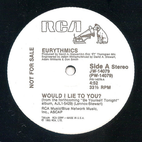 Eurythmics ‎– Would I Lie To You? - VG+12" Single Record 1985 RCA USA Promo Vinyl - Synth-pop