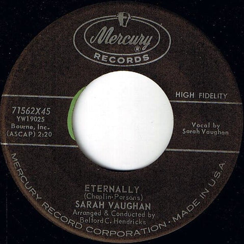 Sarah Vaughan ‎– Eternally / You're My Baby - VG+ 7" Single 45 rpm 1960 Mercury USA - Jazz / Vocal
